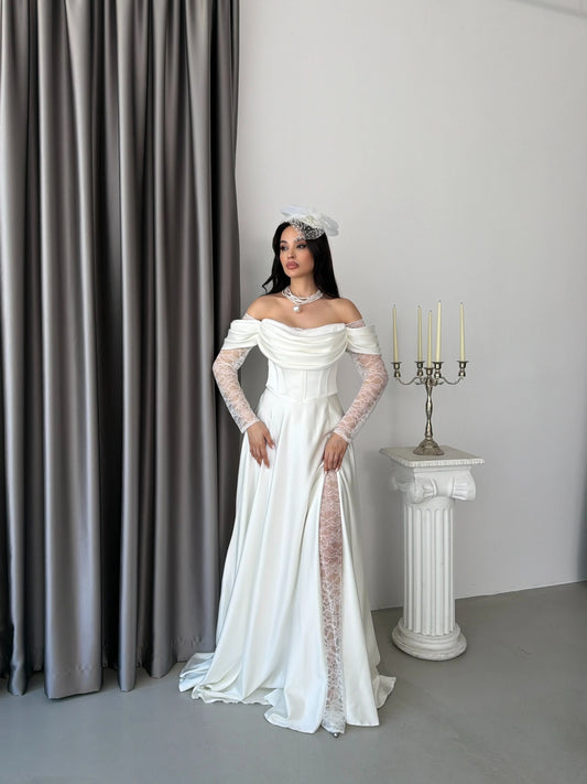 Royal White Evening with Lace Details Dress