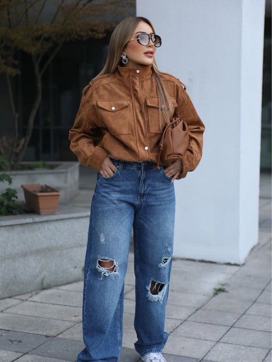 CAMEL SUEDE EPALLET BOMBER JACKET