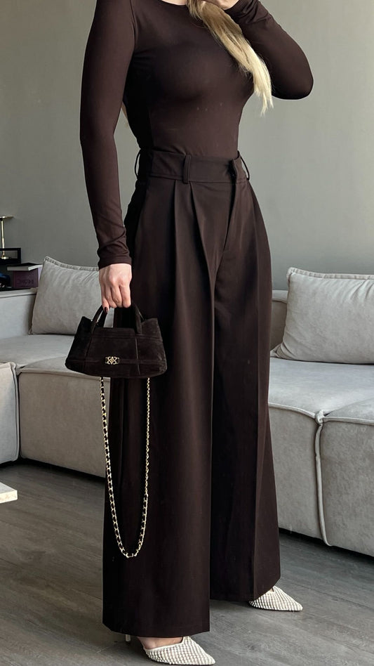 Brown Pleated Front Stripe Detailed Trousers