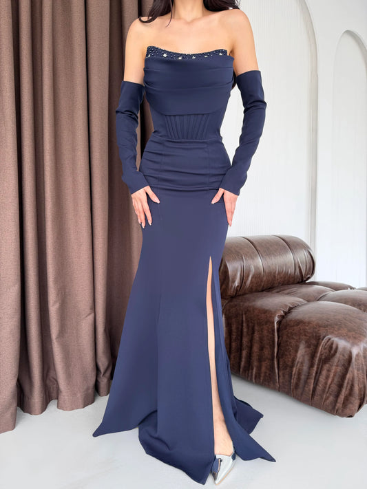 Lina's Embellished Evening in Navy Blue Dress