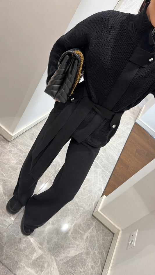 STAND-UP COLLAR BELTED KNITWEAR SET