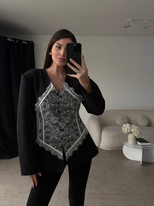 Lace Detail and V-Neck Design Blazer