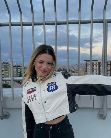 ARVERNA Leather Vintage Crop Racing Jacket