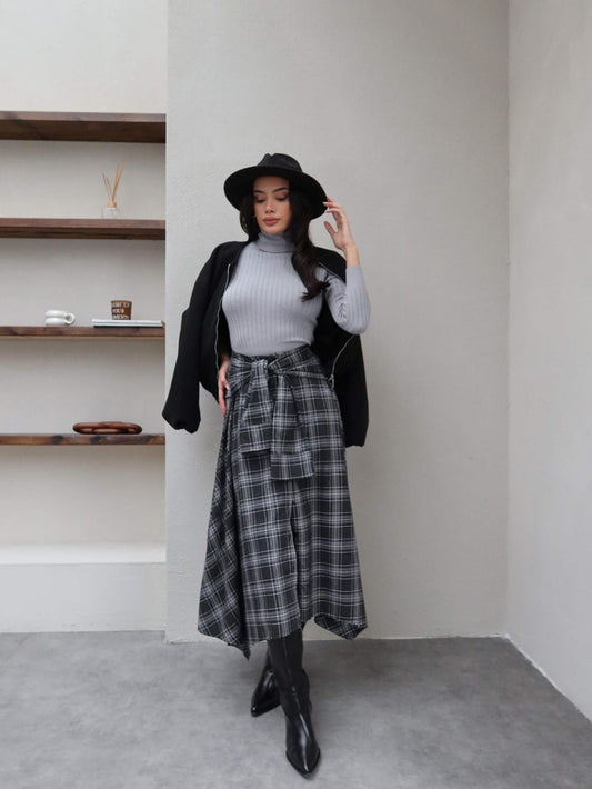 Plaid with Tie Detail Skirt