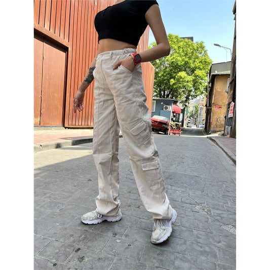 Cream Waist Elastic Cargo Pants