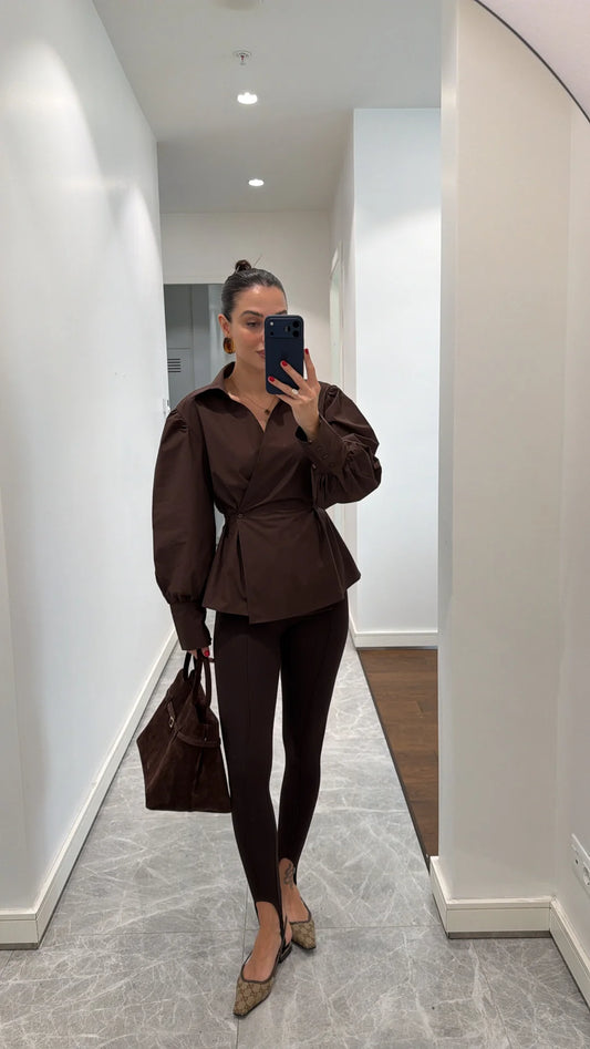 Brown Wrapped Pleated Sleeve Detail Shirt
