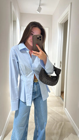 Blue Darted Sleeve Slit Shirt