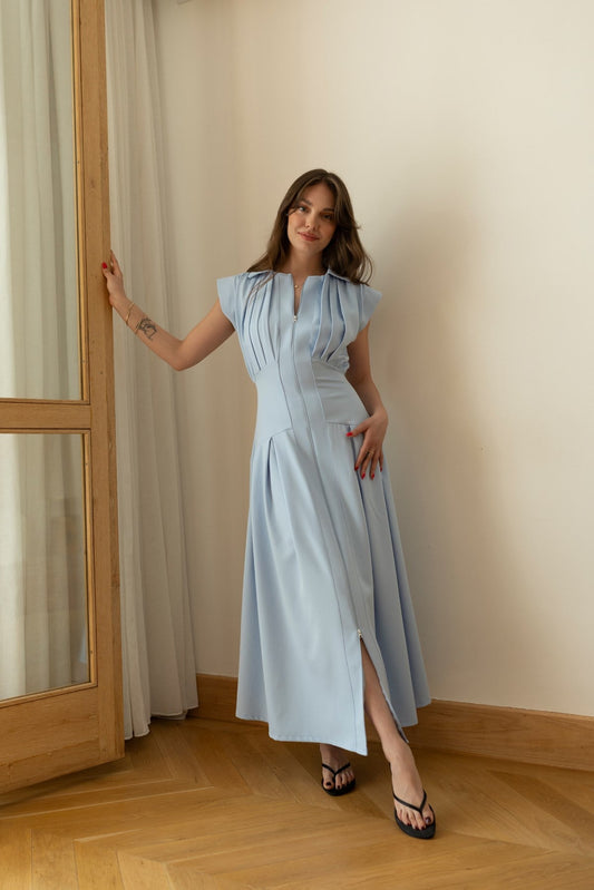 Baby Blue Polo Collar Front Zipper Pleated Dress