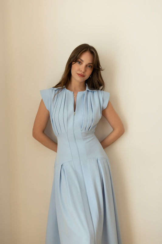 Baby Blue Polo Collar Front Zipper Pleated Dress