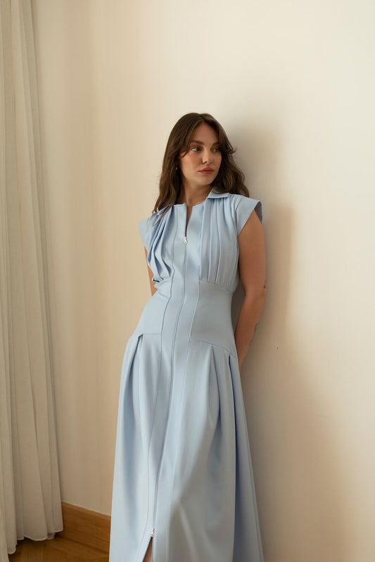 Baby Blue Polo Collar Front Zipper Pleated Dress