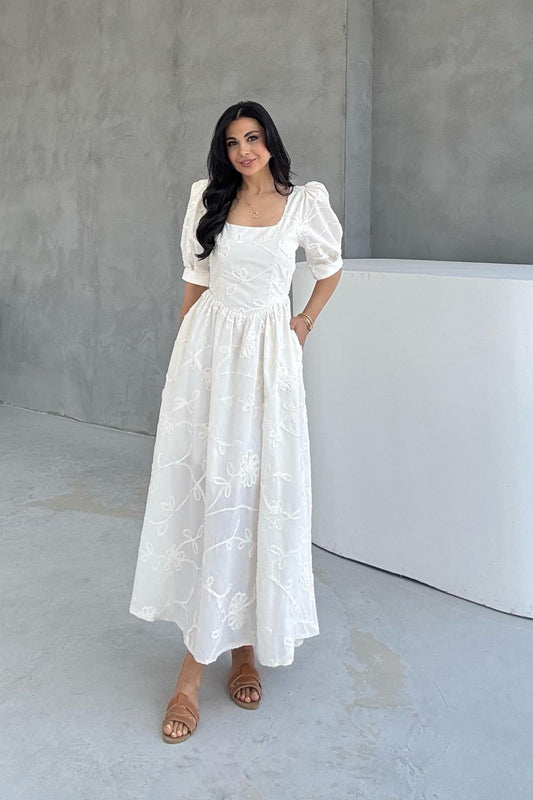 Beige Balloon Sleeve Embroidered Dress