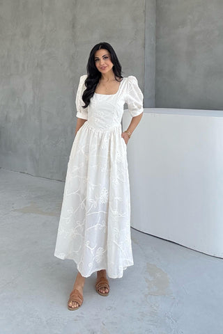 Beige Balloon Sleeve Embroidered Dress