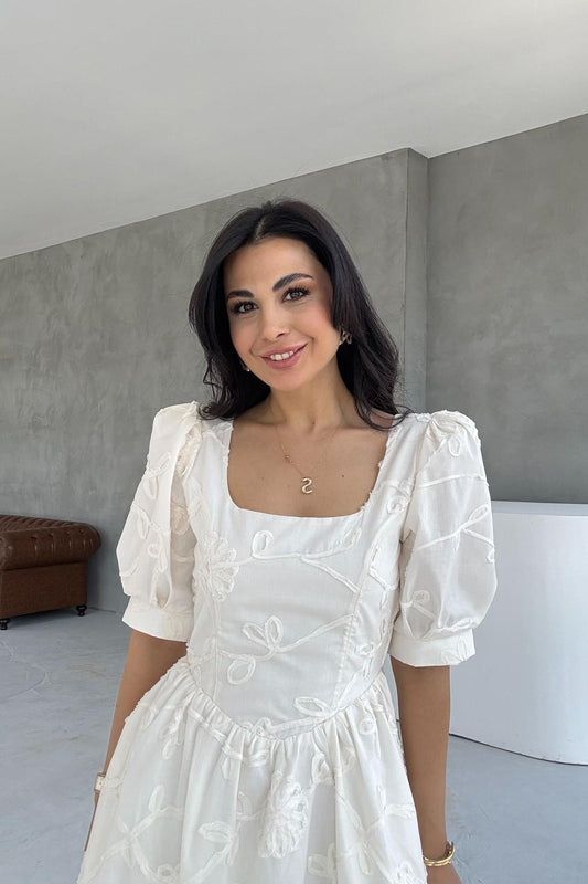 Beige Balloon Sleeve Embroidered Dress