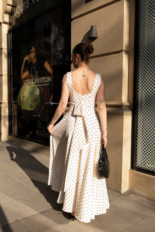 Beige Polka Dot with Back Tie Detail Dress