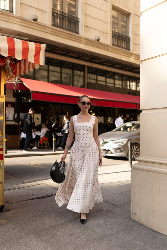 Beige Polka Dot with Back Tie Detail Dress