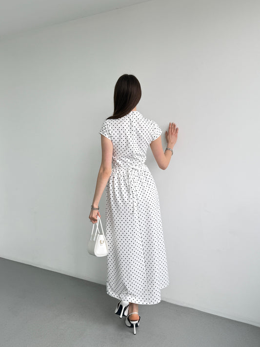 Patter White Polka Dot Midi Length Elegant Dress