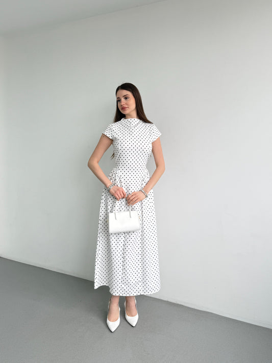 Patter White Polka Dot Midi Length Elegant Dress