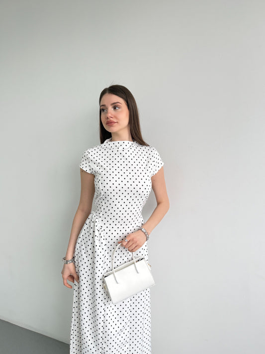 Patter White Polka Dot Midi Length Elegant Dress