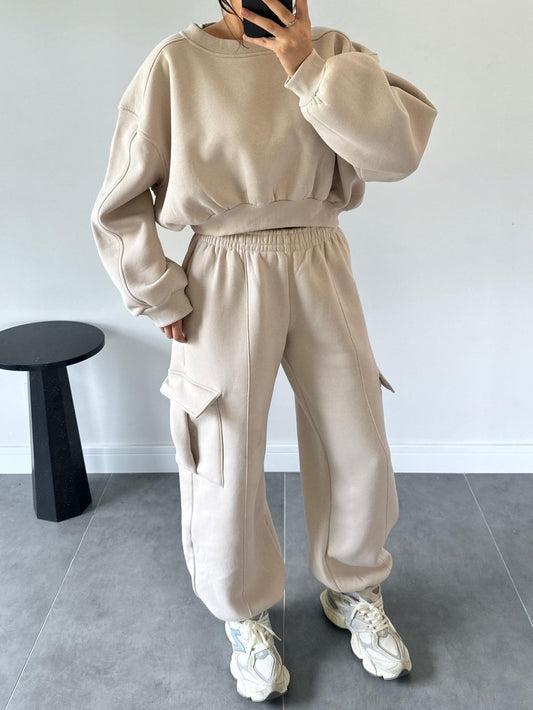 Berry Beige Cargo Pocket Crop Tracksuit