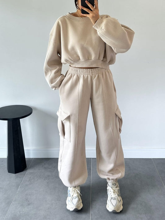 Berry Beige Cargo Pocket Crop Tracksuit