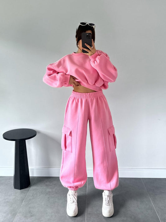 Berry Pink Cargo Pocket Crop Tracksuit