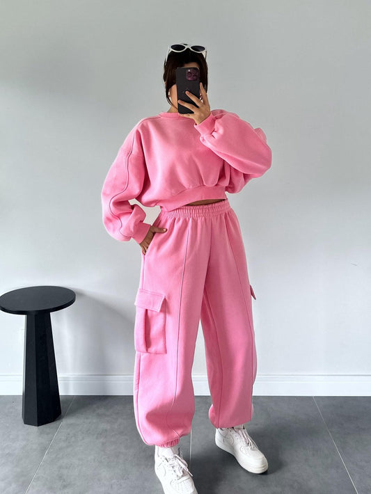 Berry Pink Cargo Pocket Crop Tracksuit