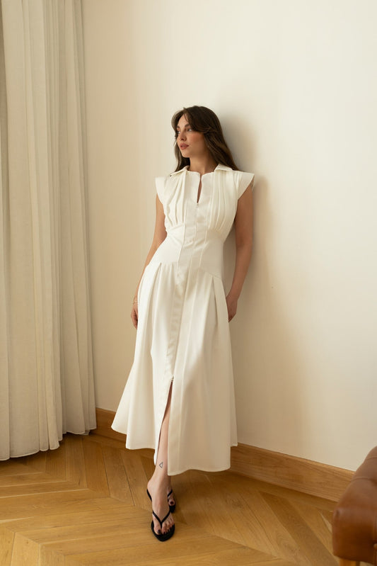 White Polo Collar Front Zipper Pleated Dress