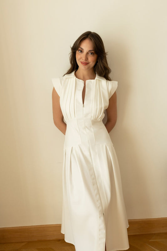 White Polo Collar Front Zipper Pleated Dress