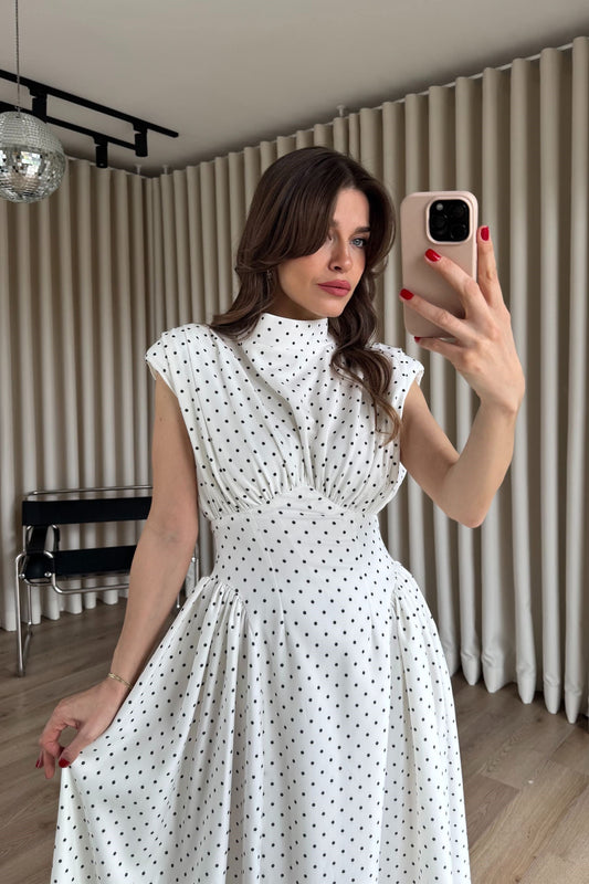 White Padded Waist-Fitted Polka Dot Dress