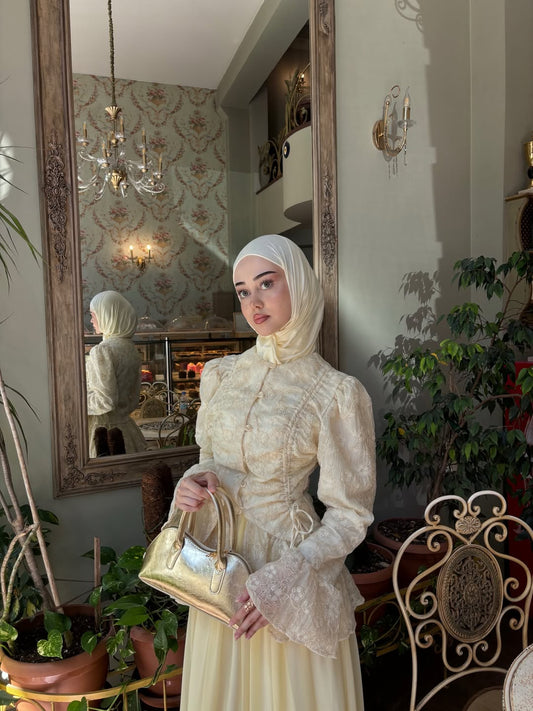 Gathered Embroidered Cream Shirt