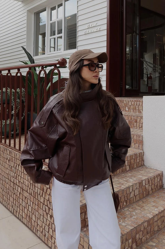 Claret Red Stand Collar Faux Leather Jacket