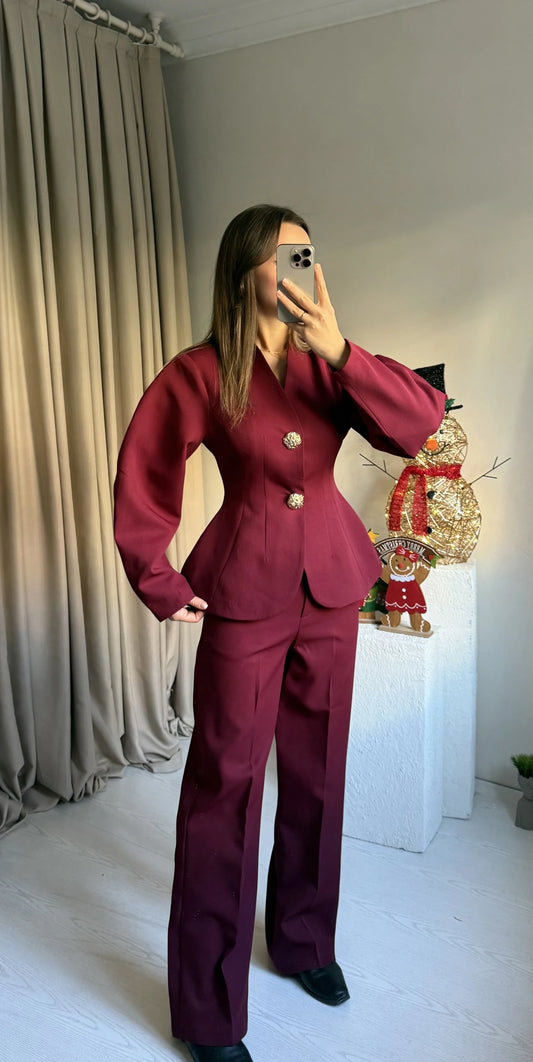 Bordo Balloon Sleeve Gold Buttoned Suit