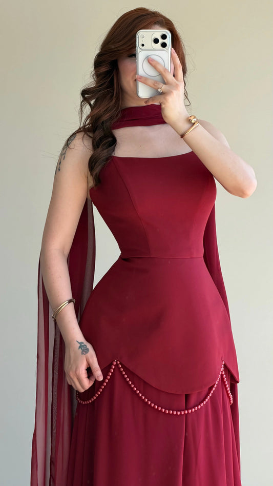 Bridgerton Shawl Pearl Embellished Burgundy Evening Dress