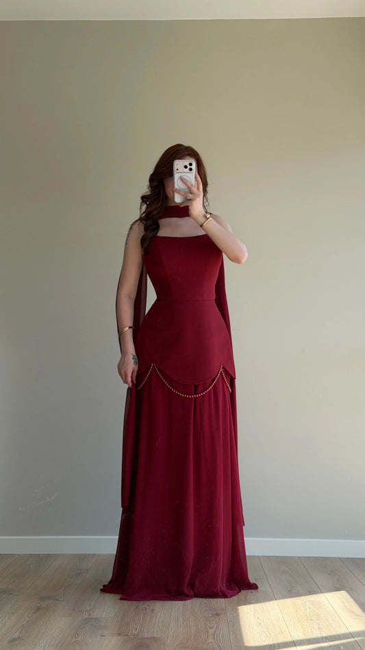 Bridgerton Shawl Pearl Embellished Burgundy Evening Dress