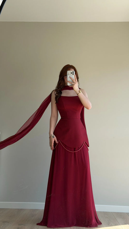 Bridgerton Shawl Pearl Embellished Burgundy Evening Dress
