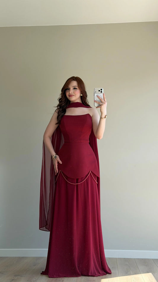 Bridgerton Shawl Pearl Embellished Burgundy Evening Dress