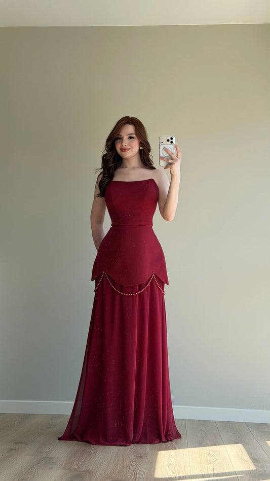 Bridgerton Shawl Pearl Embellished Burgundy Evening Dress