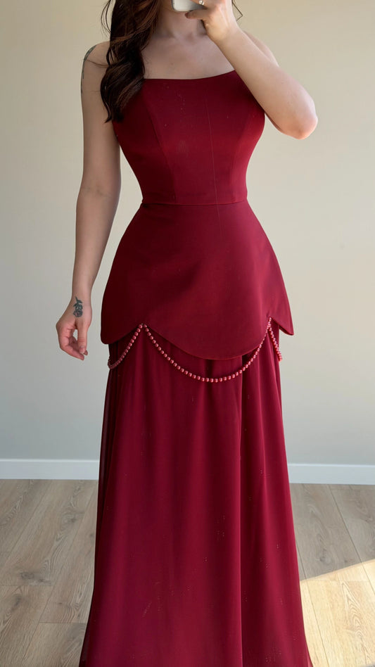 Bridgerton Shawl Pearl Embellished Burgundy Evening Dress