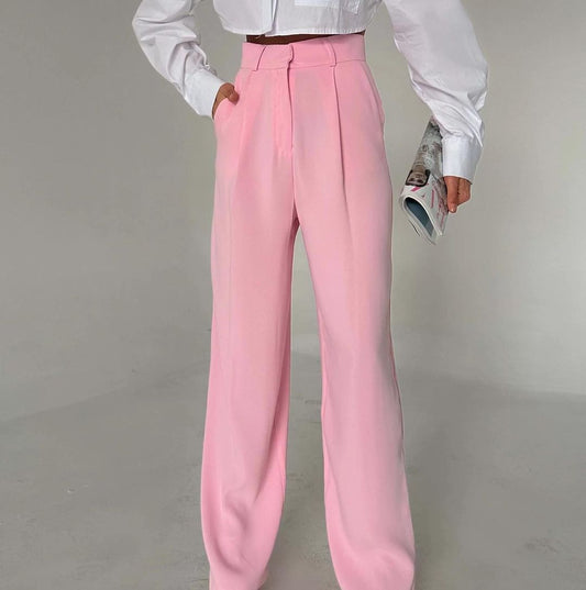 Pink Pallazo Trousers With Pleated Waist Detail