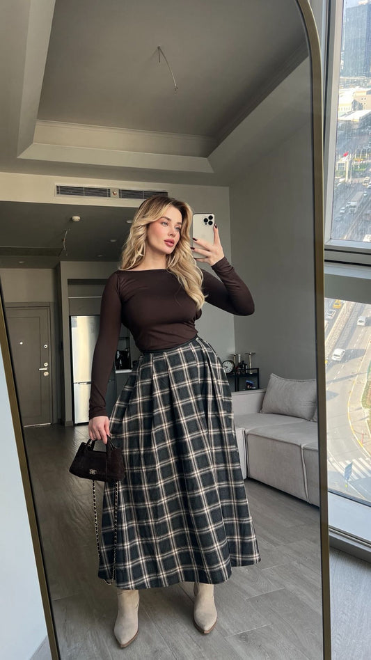 PLAID PATTERNED MIDI SKIRT