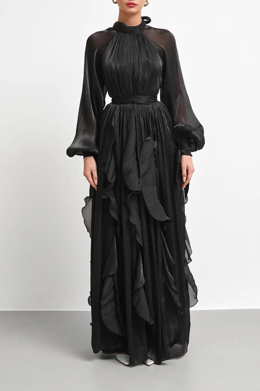 High Neck Ruffle Satin Chiffon Maxi Length Black Dress