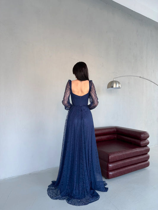 Romance Navy Blue Lace Evening Dress
