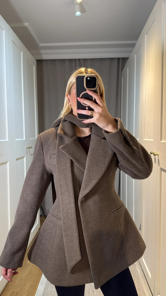 Brown Shawl Detailed Lined Premium Design Cashmere Jacket