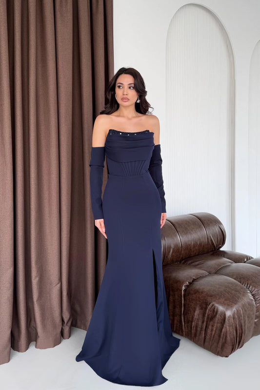 Lina's Embellished Evening in Navy Blue Dress