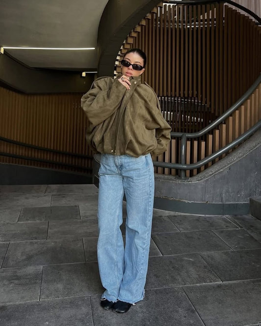 Model Khaki Bomber Suede Jacket