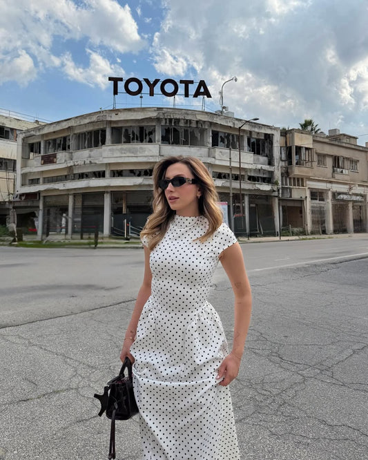 Patter White Polka Dot Midi Length Elegant Dress