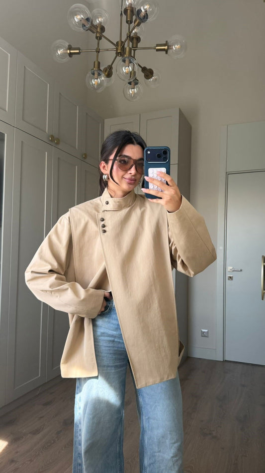 Beige Asymmetrical Buttoned Trench Coat