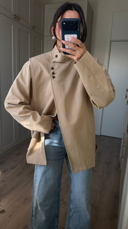 Beige Asymmetrical Buttoned Trench Coat