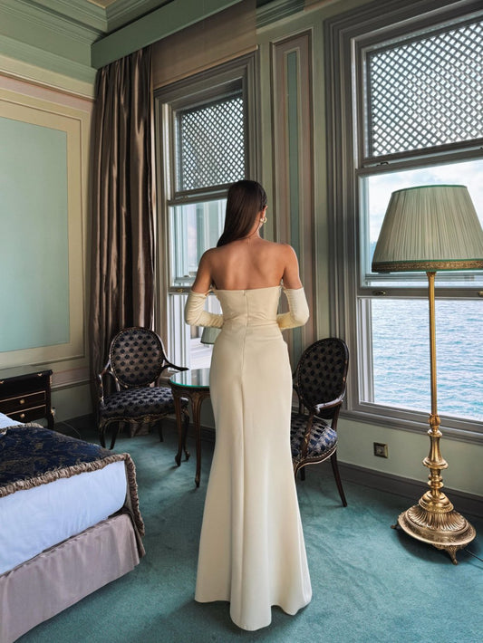 Alya Satin Yellow Sleeve Evening Dress ARVERNA