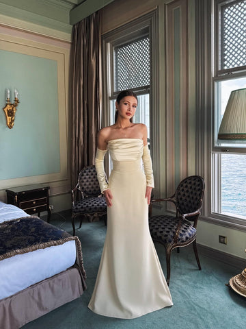 Alya Satin Yellow Sleeve Evening Dress